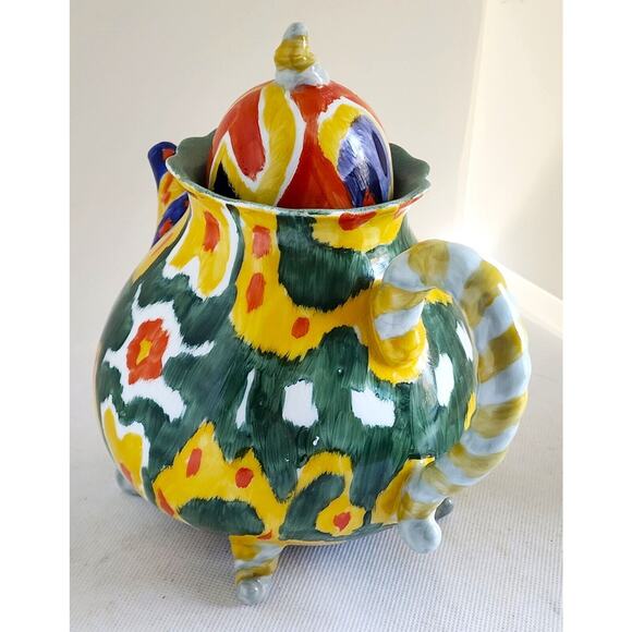 TEAPOT/ANTHROPOLOGY-Blackbird-Green-Yellow-"Tie Dye" Design-Hand Painted-4 cups - Picture 2 of 14
